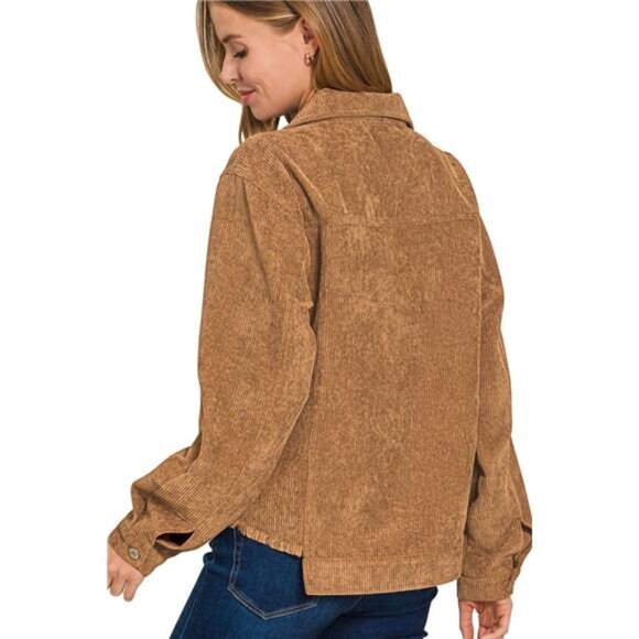 Zenana Distressed Corduroy Frayed Hem Cropped Jacket - Picture 3 of 3